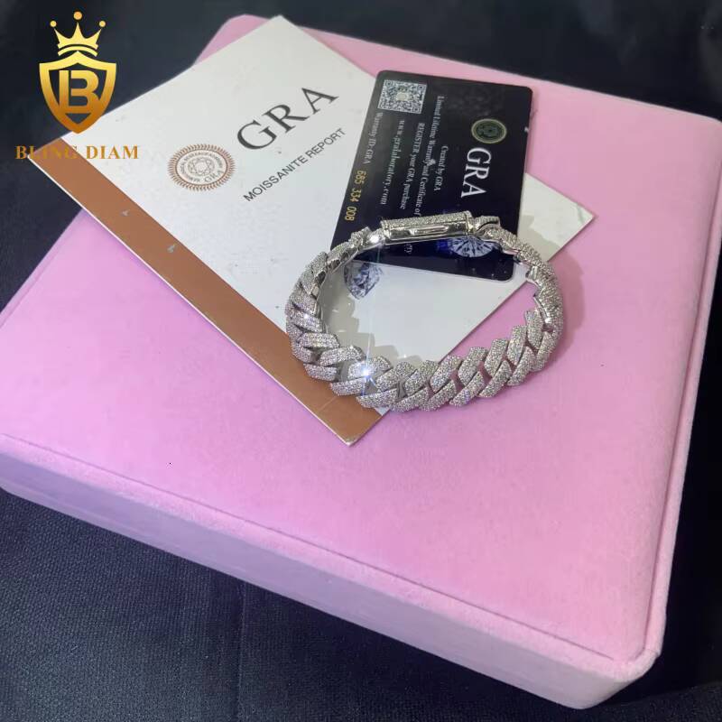 Hot Saling 14MM VVS1 Moissanite Cuban Chain HipHop Bracelet Pass Diamond Tester Iced Out Moissanite 925 Silver Cuban Chain