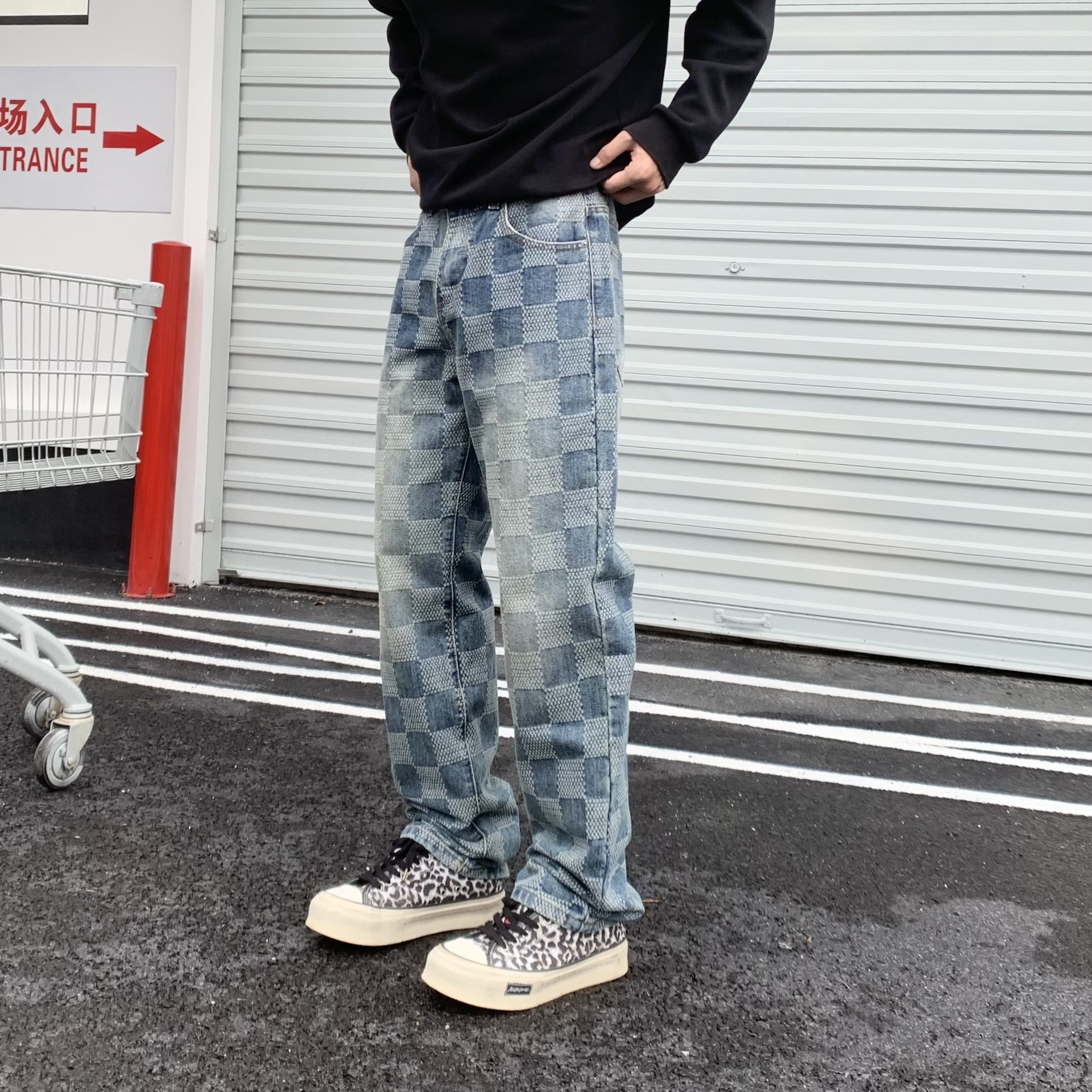 New American-style Trendy Brand Loose Luxury Straight-leg Plaid Patchwork Jeans For Loose Men High Street Retro Casual Pants Designer For Men