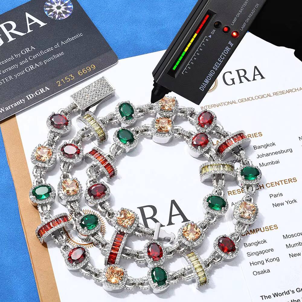 NUOYA 15mm New Arrival Hip Hop Necklace 925 Silver Platinum Geometric Chain Colorful VVS Moissanite Jewelry