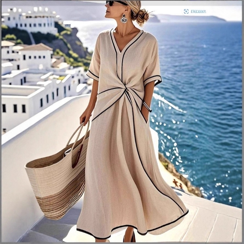 Womens Casual Striped V Neck Bohemian Dress with Lace Detail and Asymmetrical Hem Elegant Long Summer Irregular Skirt