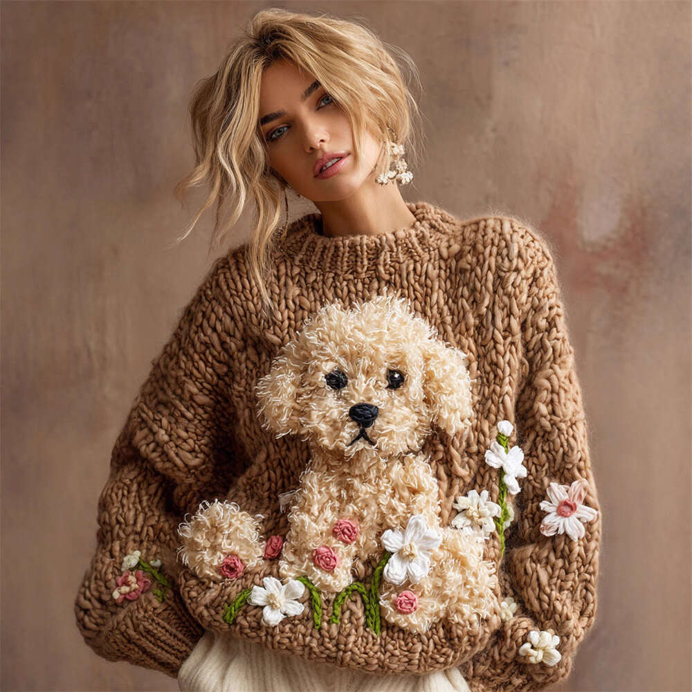 2026 Fall Winter Women Bear Print Knitted Sweater French American Trendy Heavyweight Pullover Casual Warm Base Top MAKOUFEI