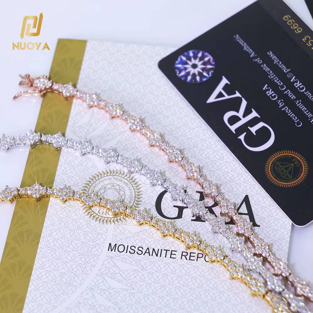 NUOYA Hiphop Jewelry 925 Sterling Silver Moissanite Tennis Chain Womens Necklace Iced Out VVS Diamond Flower Shape Tennis Chain