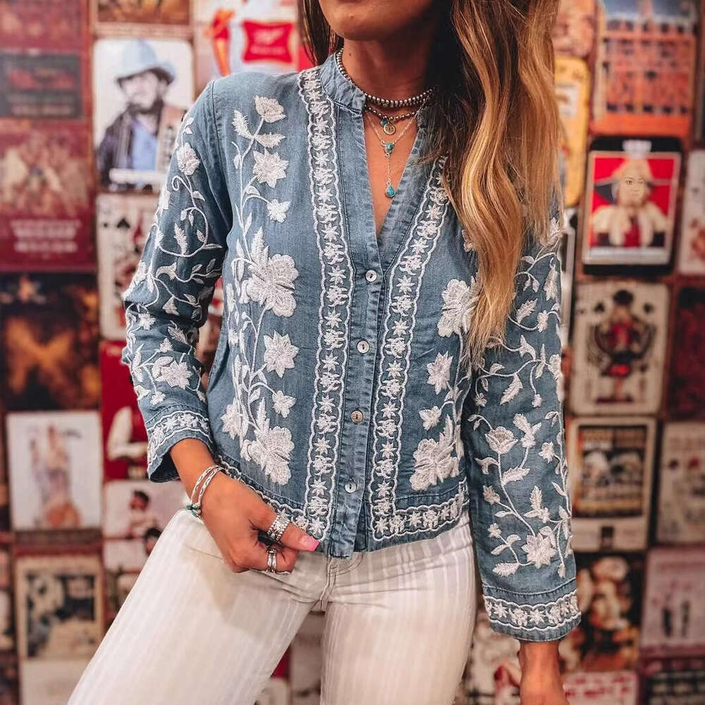 New 2026 Spring Summer Women Embroidered Denim Blouse V Neck Button Closure Long Sleeve Casual Streetwear Top MAKOUFEI