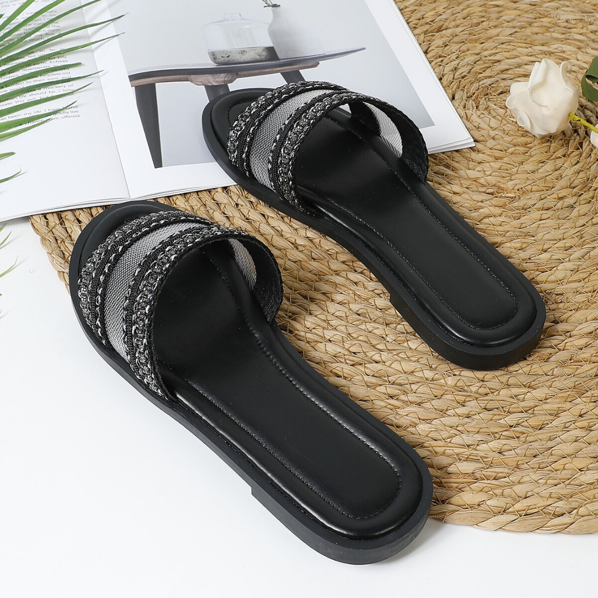Cross-Border Foreign Trade Casual One-Strap Beach Sandals for Women with D Family Letter Buckle Flat Women's Slippers Slides ddmythur
