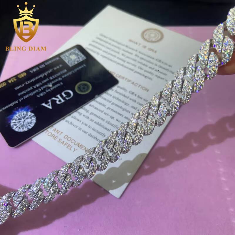 Hot Saling 12MM VVS1 Moissanite Cuban Link Chain Hip Hop Pass Diamond Tester Moissanite 925 Sterling Silver Cuban Chain GRA