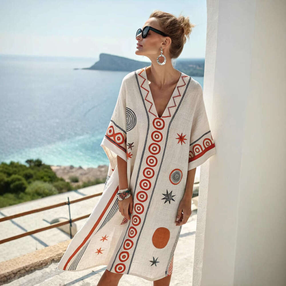 2026 Summer Boho Floral Midi Dress V Neck Loose Beach Vacation Dress Flowy Party Dresses For Women MAKOUFEI