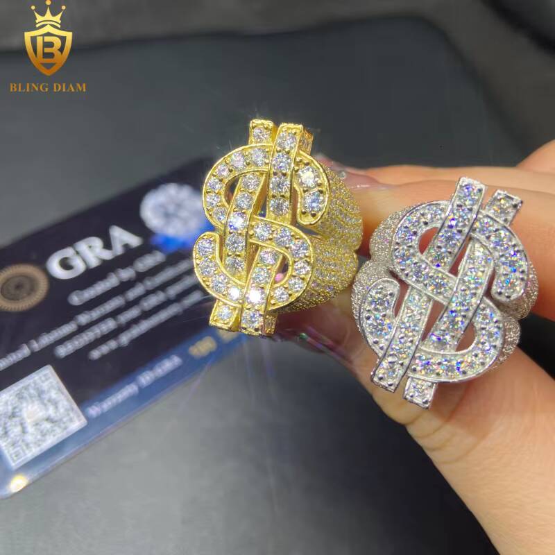 925 Sterling Silver Moissanite Rings Dollar-Shaped Ring Iced Out Moissanite Hip Hop Style Jewelry Ring Pass Diamond Test GRA