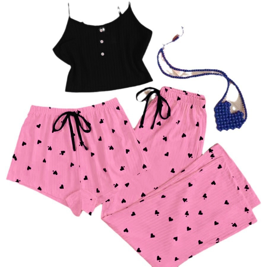 Luxury Brand Designer Women Spring Summer Heart Print Ribbed Button Cami Three Piece Set Loungewear Drawstring Comfortable Versatile Daily Chic Stylis
