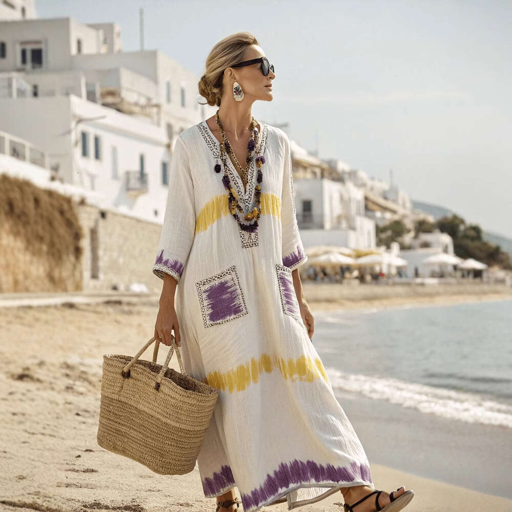 Summer Hot Sale Elegant Plus Size Print Long Dress, European American Casual Loose Flared Swing Maxi Dress Female MAKOUFEI