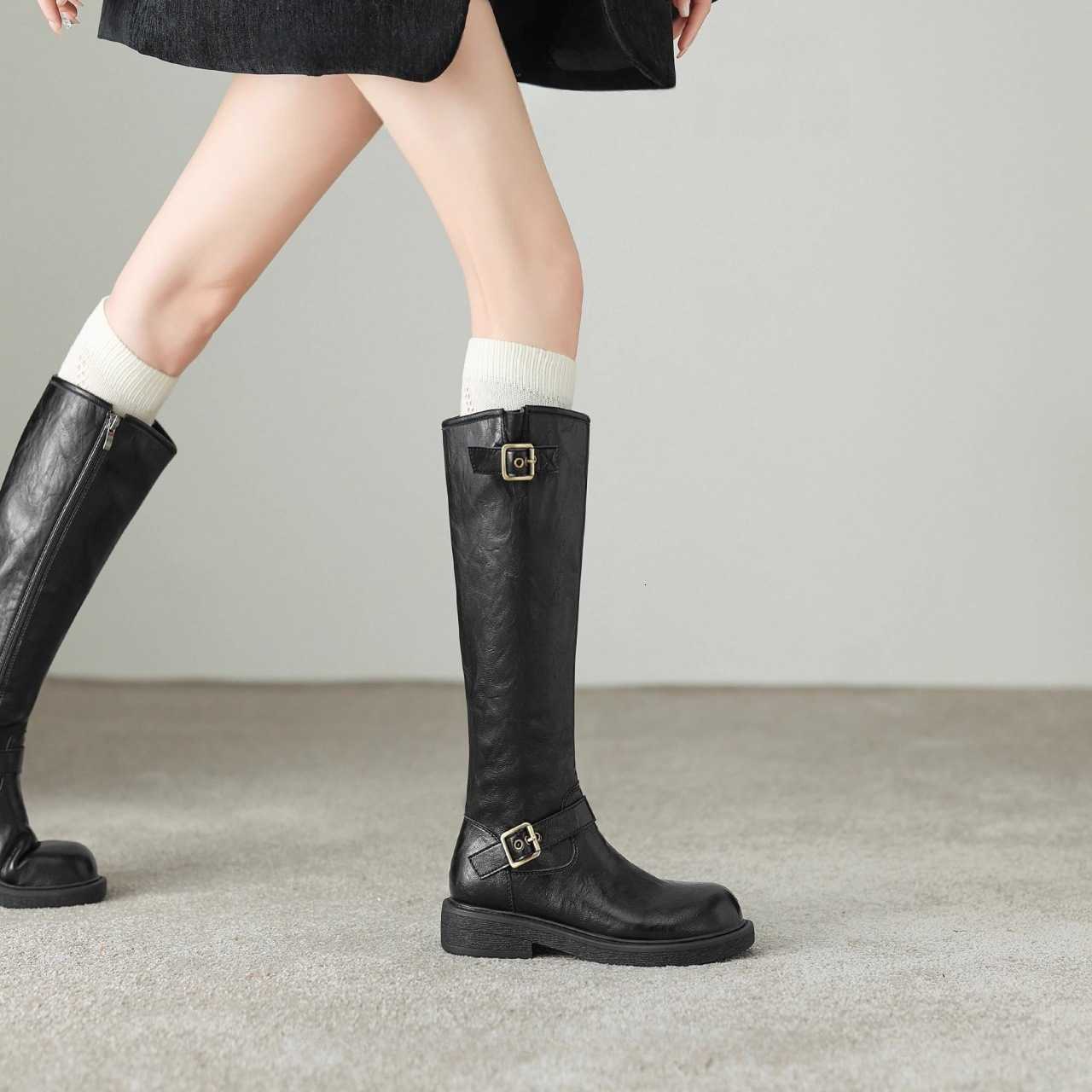 Women's fashion boots with a new 2025 style, featuring a round buckle, anti-slip side zipper, thick heel, and a slimming high-cylinder design S26