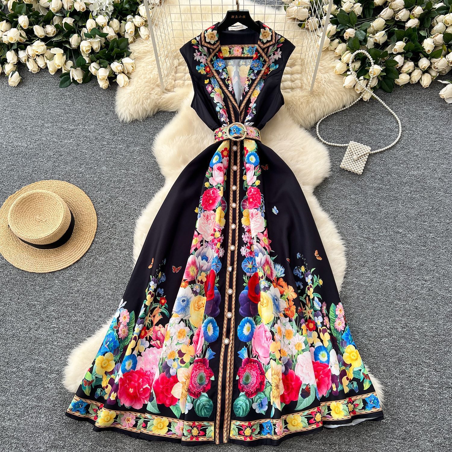 Summer Holiday Gorgeous Floral Dress Womens Sleeveless Ruffles V Neck Flower Print Buttons Chiffon Bohemain Robe Vestidos240730