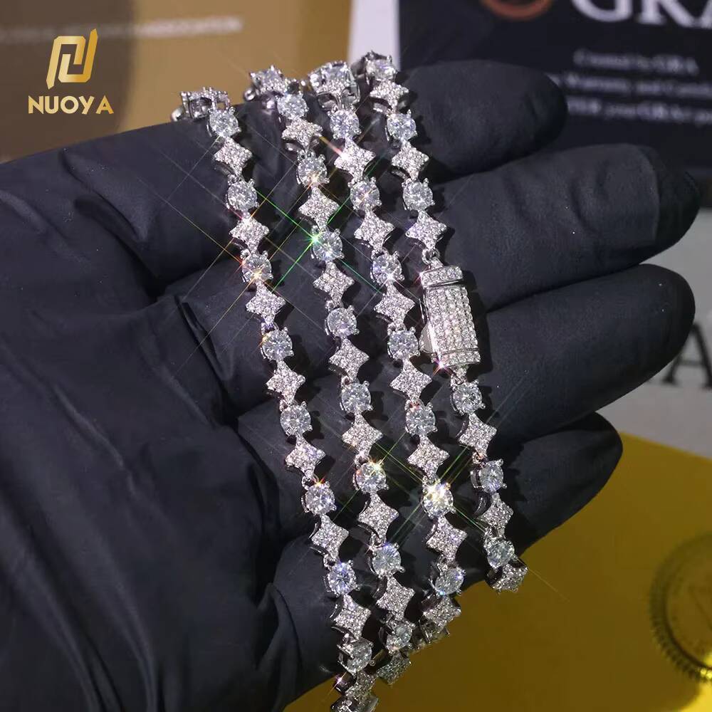 NUOYA 6mm Width Star Design Shiny VVS Moissanite Necklace Custom Womens Fine Jewelry 925 Sterling Silver Tennis Chain