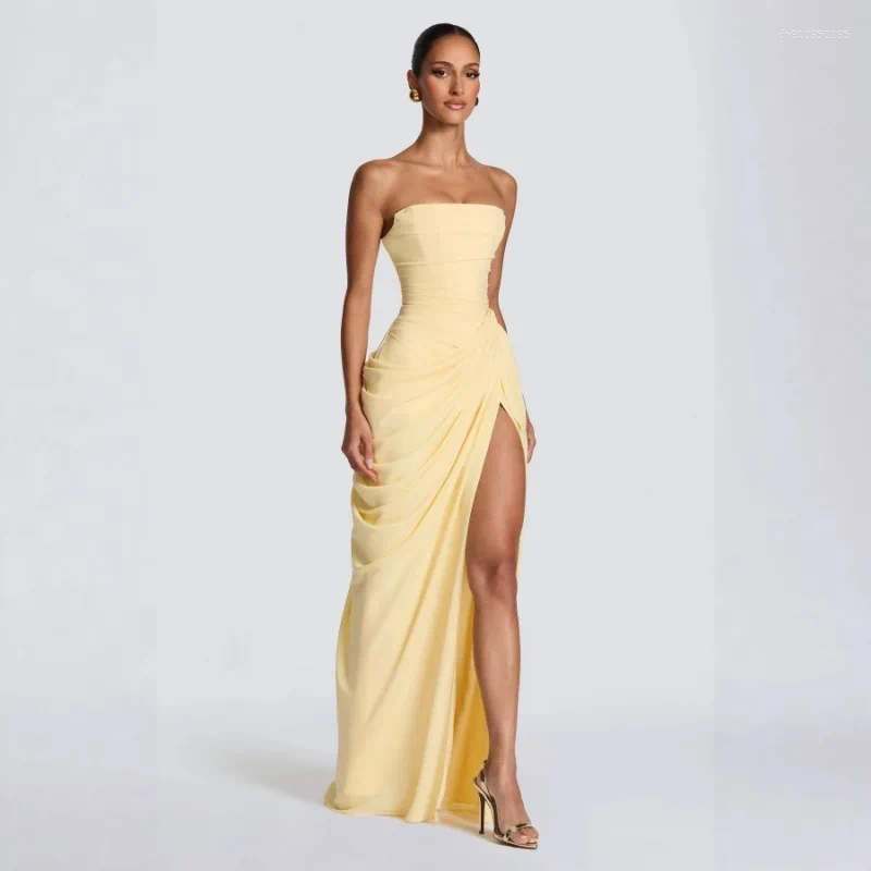 Casual Dresses FL Women Sexy Solid Pleated Strapless Dress Lady Chic Off-shoulder Backless High Waist Split 2026 Evening Party Gown