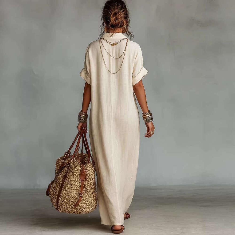 Women's Embroidered Linen Blend Maxi Shirt Dress, Short Sleeve Collared Kaftan