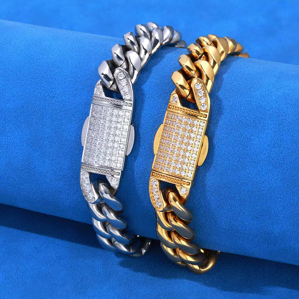 NUOYA 12mm Stainless Steel Cuban Link Chain Bling Moissanite Diamond Clasp Design 18K Gold Plated Miami Cuban Link Bracelet