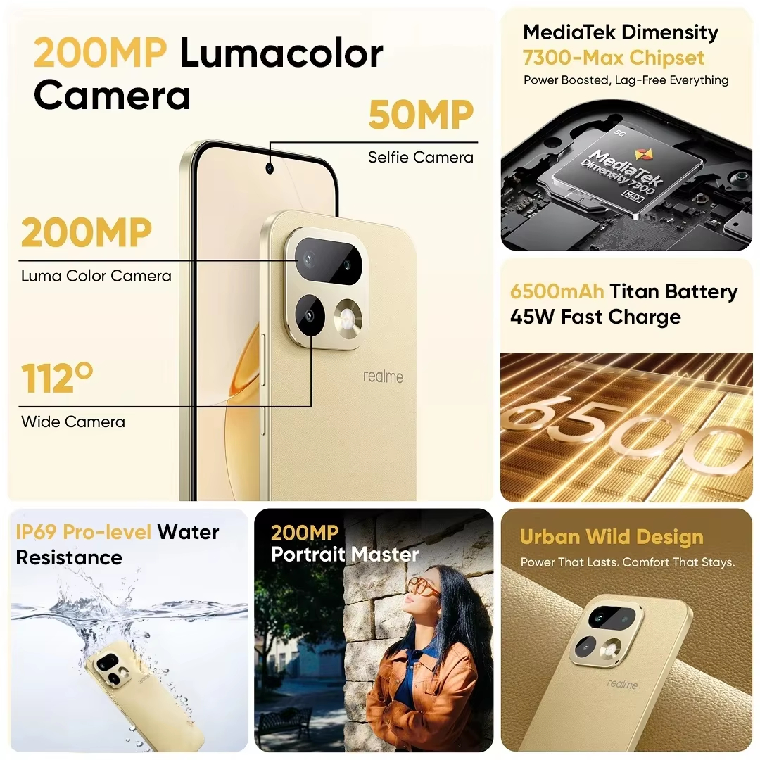 realme 16 Pro NFC Smartphone 6.78" 144Hz AMOLED Display Dimensity 7300-Max 5G Chipset 200MP Main Camera 50MP Selfie Camera IP69 Pro