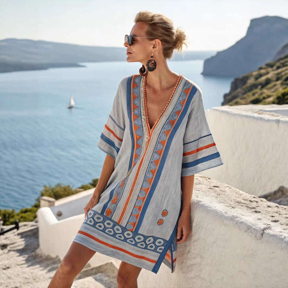 2026 Summer Boho Floral Midi Dress V Neck Loose Beach Vacation Dress Flowy Party Dresses For Women MAKOUFEI