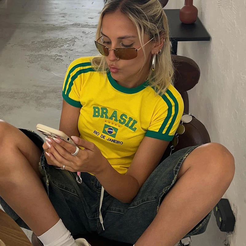 Y2k Five-star Brazil Crop Top Summer Women Aesthetics Baby Tees Gothic Emo Girl Vintage Letter Print Casual Short Sleeve T-shirt 260420