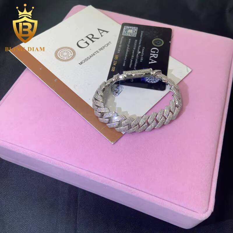 Hot Saling 14MM VVS1 Moissanite Cuban Chain HipHop Bracelet Pass Diamond Tester Iced Out Moissanite 925 Silver Cuban Chain