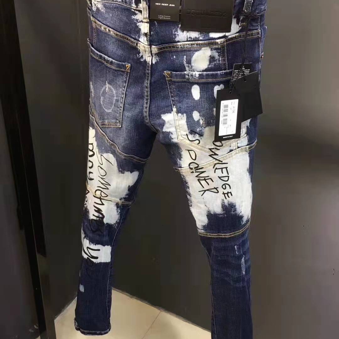 Autumn Designer Jeans Luxury Men's Slim Fit Straight Tube Ripped Hole Personalized Elastic Inkjet Sports Casual Pants Hip-hop Style Korean Youth 
