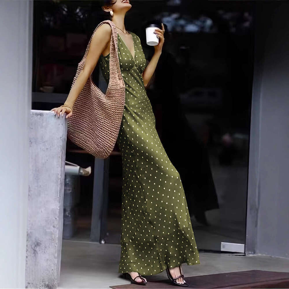 Elegant Retro Satin Polka Dot Long Dress French Style V Neck Sleeveless High Waist Slim Casual Vacation Dress Female MAKOUFEI