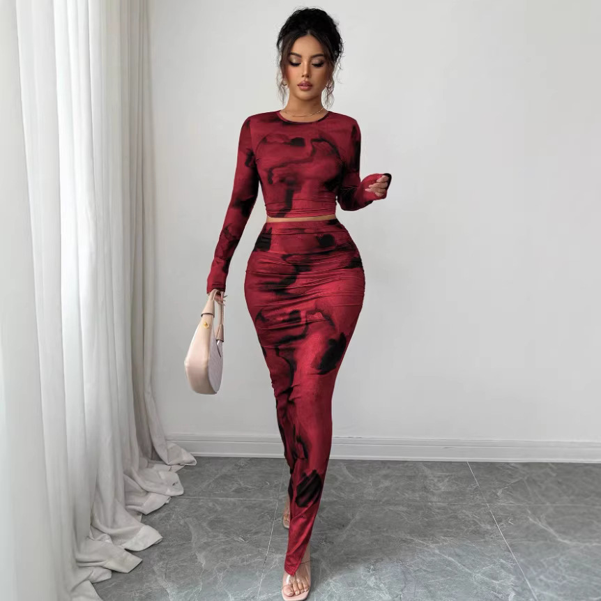 2piece set for women fashionable roundneck elegant slimfit irregular tiedye longsleeve Tshirt and skirt 240402