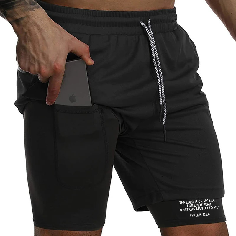 Print 2 in 1 Running Workout Shorts for Men Christian Gym Athletic Performance Shorts with Phone Pocket Towel Loop Activewear 260421