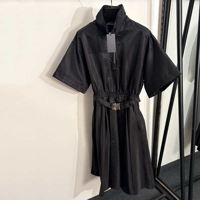 Black Short Sleeve Dress Luxury Elastic Waist Top Dress Classic Waist Belt Nylon Cargo Dresses Women Brand Party Banquet Dress Clothing