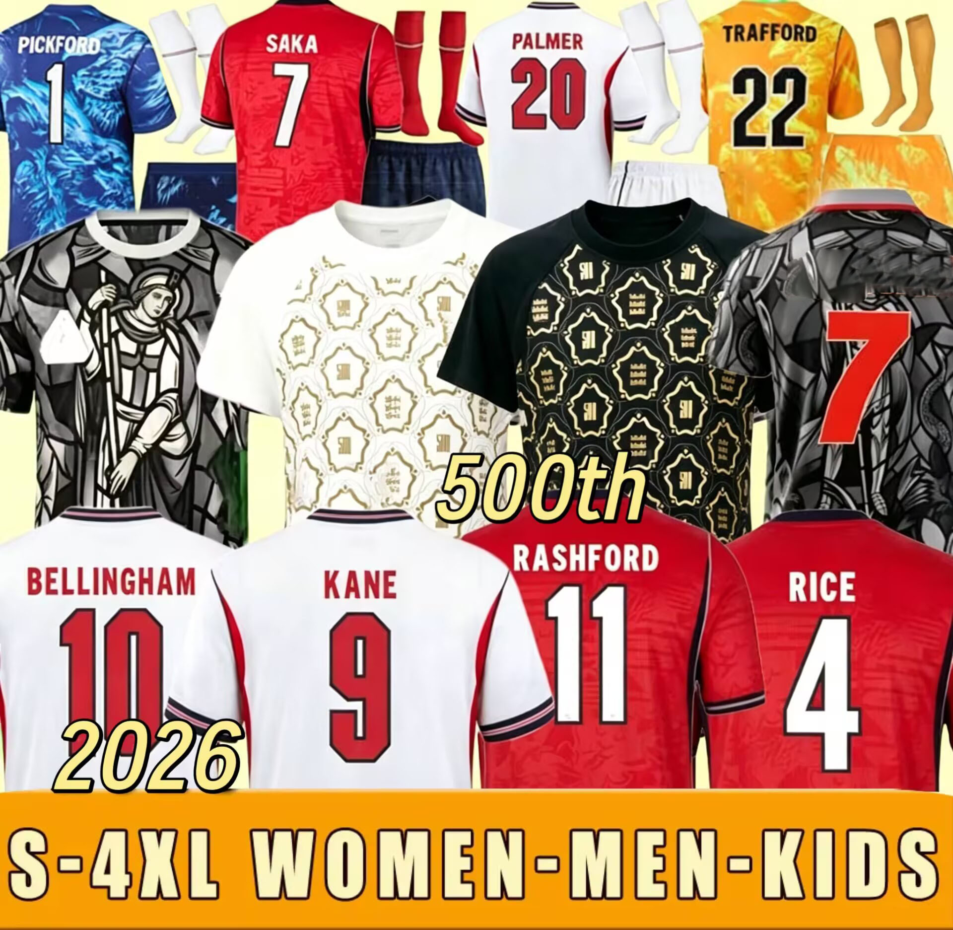 2026 2027 S-4XL 26 27 EnGLaNds jersey BELLINGHAM KANE Palace home 500th away Football Shirt SAKA FODEN RICE Soccer Jerseys women Watkins Gordon PALMER Walker Men Kids
