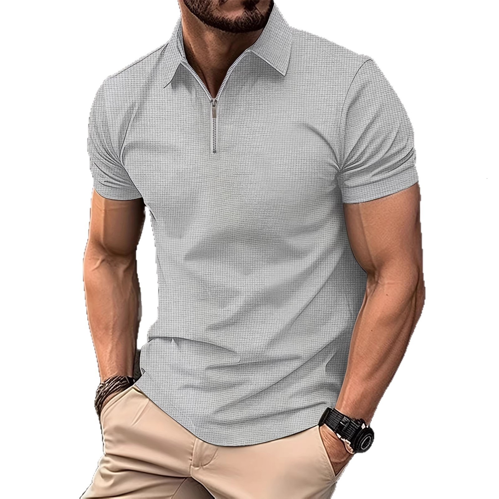 2024 Summer Mens -Selling Henry Shirt Solid Color Zipper Standing Collar Short-Sleeved Slim Casual Sports Mens Shirt 240806