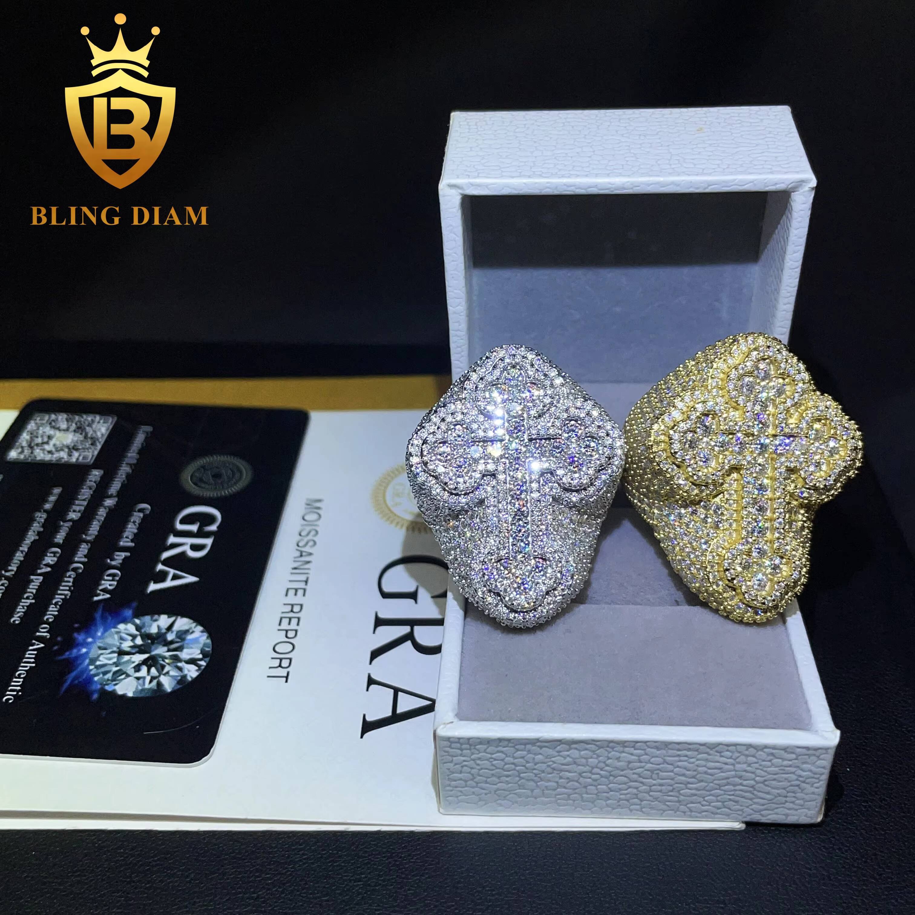 Fine Jewelry 925 Sterling Silver Gold Plated Iced Out VVS Diamond Cross Moissanite Hip Hop Ring for Men