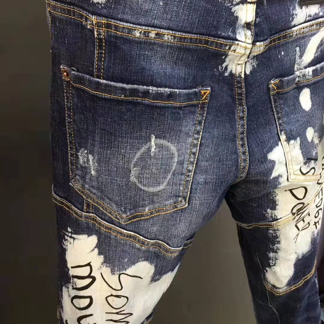 Autumn Designer Jeans Luxury Men's Slim Fit Straight Tube Ripped Hole Personalized Elastic Inkjet Sports Casual Pants Hip-hop Style Korean Youth 