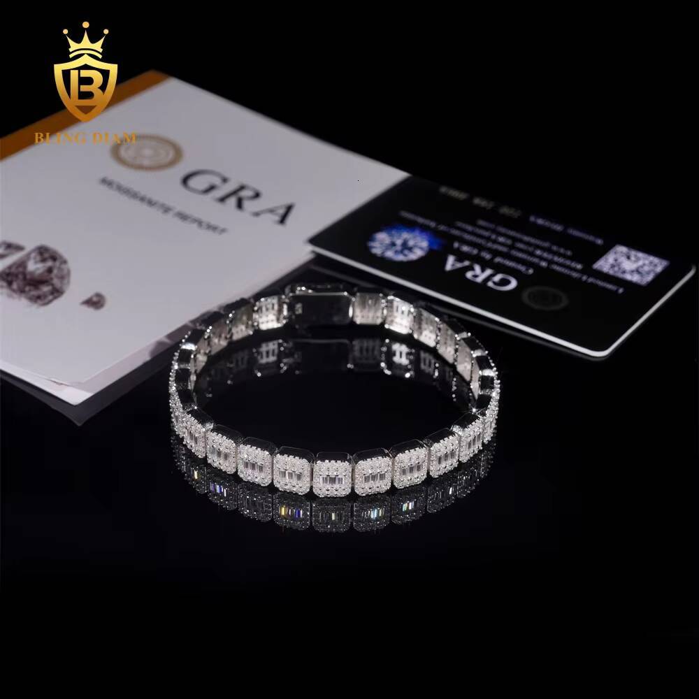 9mm Hip Hop Jewelry 925 Silver Vvs Moissanite Emerald Cut Tennis Chain Link Square Iced Out Bracelet Pass Diamond Test