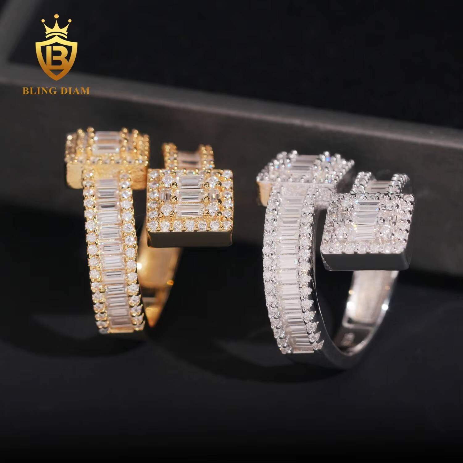 Adjustable Open Square Ring for Men Hip Hop Jewelry 925 Sterling Silver Gold Plated VVS Full Moissanite