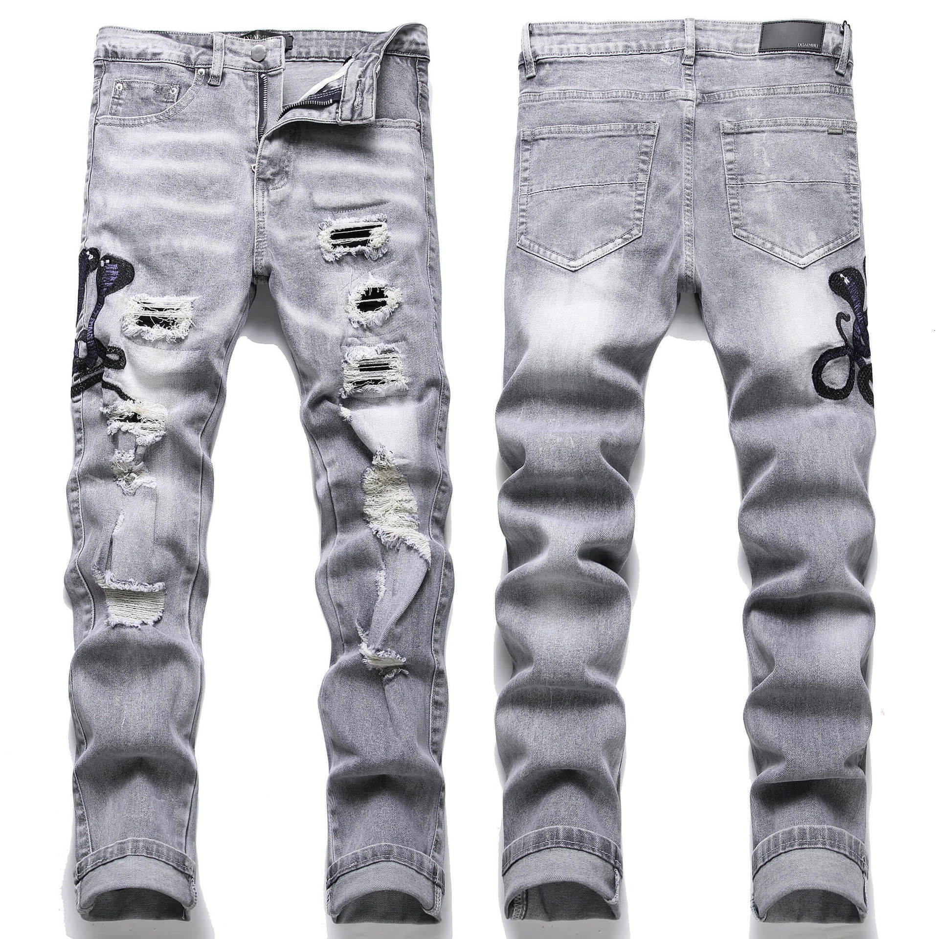 European Style Loose Men's Light Blue Distressed Designer Embroidered Jeans Luxury Men's Trendy Stretch Slim Fit American High Street Long P