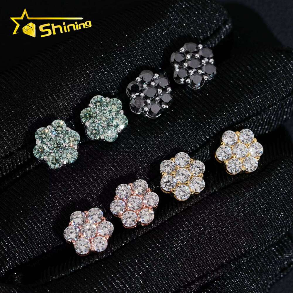 Ready to ship, stock is low. Shipping of men's ice-cold hip-hop pure silver 925 screw-back silicon stone flower cluster earrings