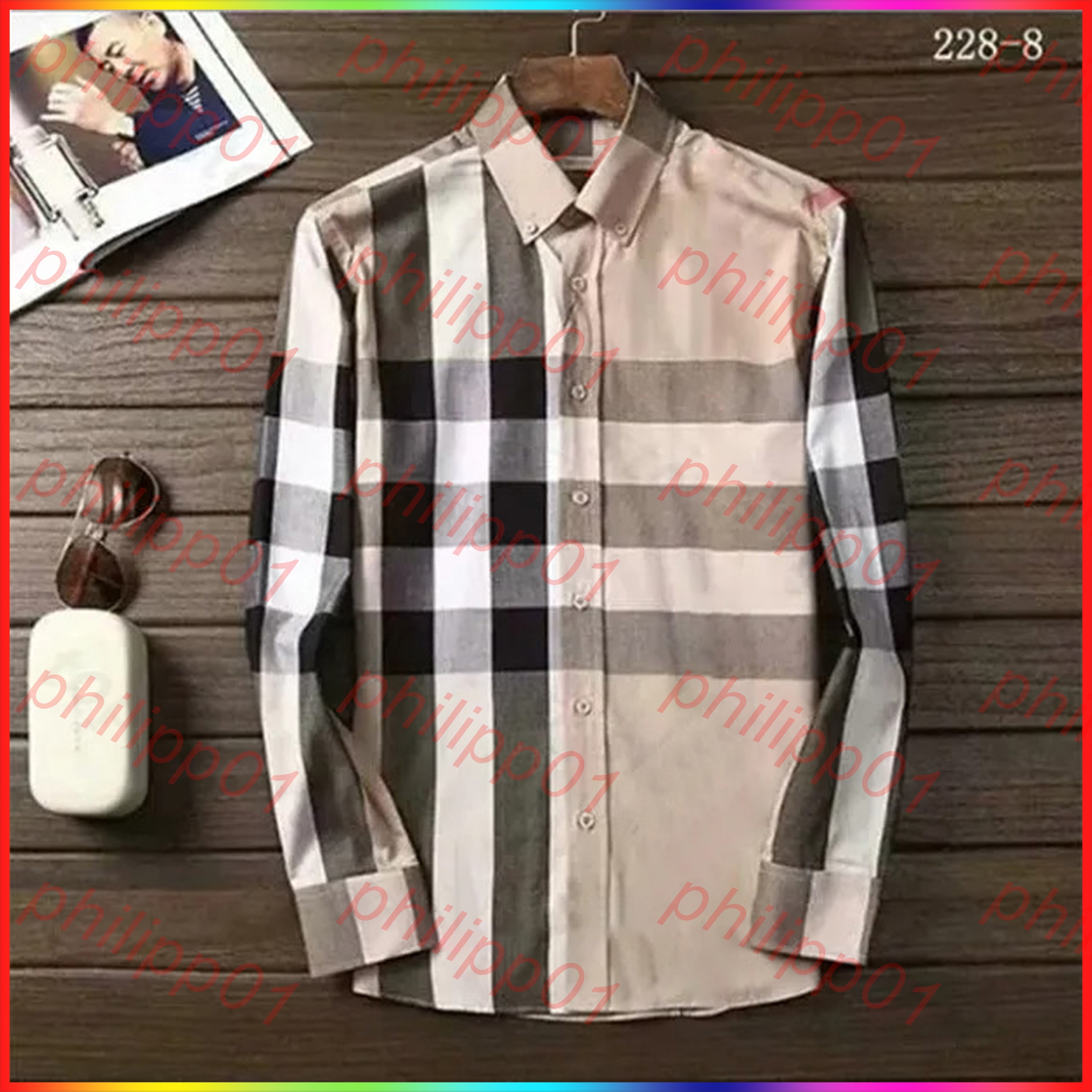 5A Men's Dress Shirt Slim Fitted Spread Collar Plaid Stripe Long Sleeve shirts Pure Cotton Designer Brand Spring Summer Business Office Casual Male clothing