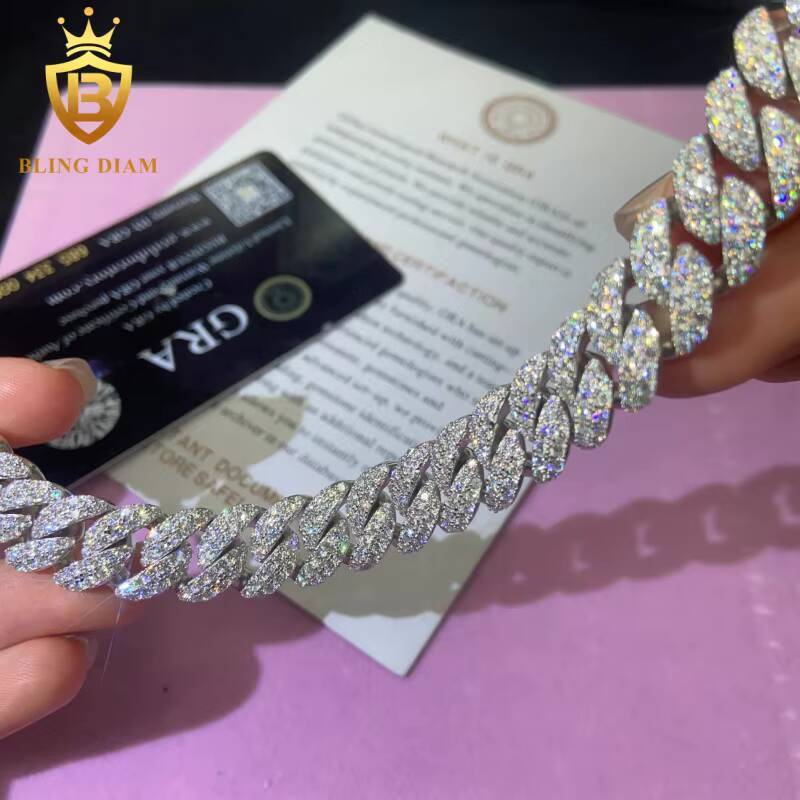 Hot Saling 12MM VVS1 Moissanite Cuban Link Chain Hip Hop Pass Diamond Tester Moissanite 925 Sterling Silver Cuban Chain GRA