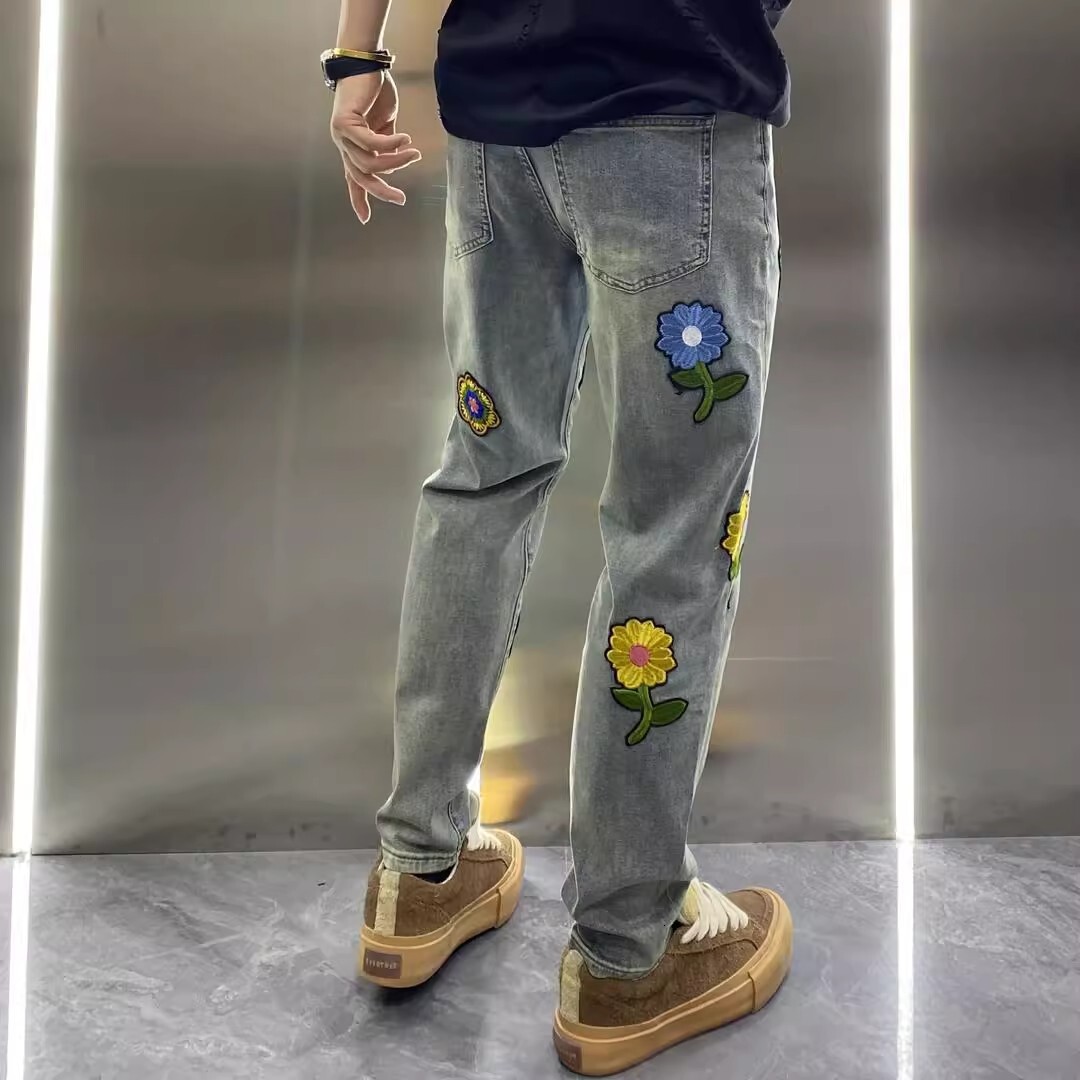 Loose 2026 Autumn New American Style Petal Embroidery Personalized Straight-leg Jeans For Men Designer Loose Fit European Luxury Trendy Long Pants