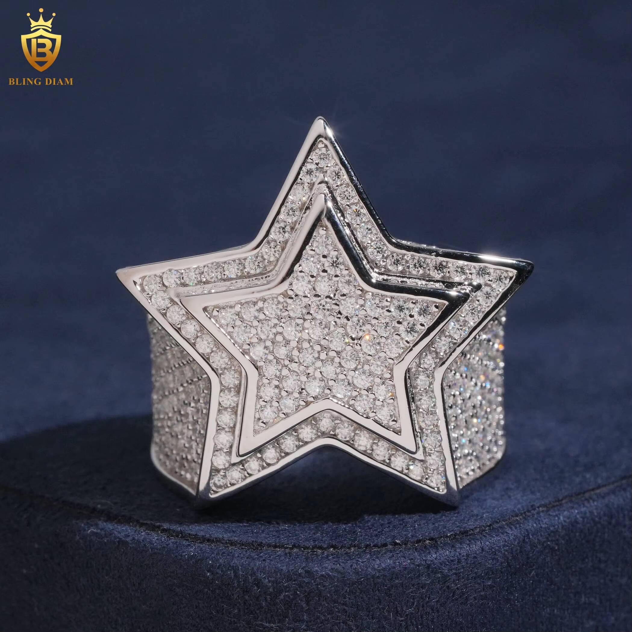 Wholesale Hip Hop Jewelry 925 Sterling Silver Gold-Plated Vvs Moissanite Ice Out Mens Star Rings Rapper Rock