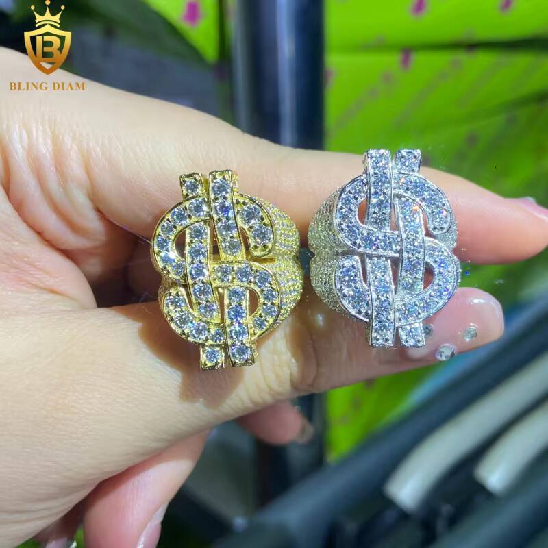 925 Sterling Silver Moissanite Rings Dollar-Shaped Ring Iced Out Moissanite Hip Hop Style Jewelry Ring Pass Diamond Test GRA