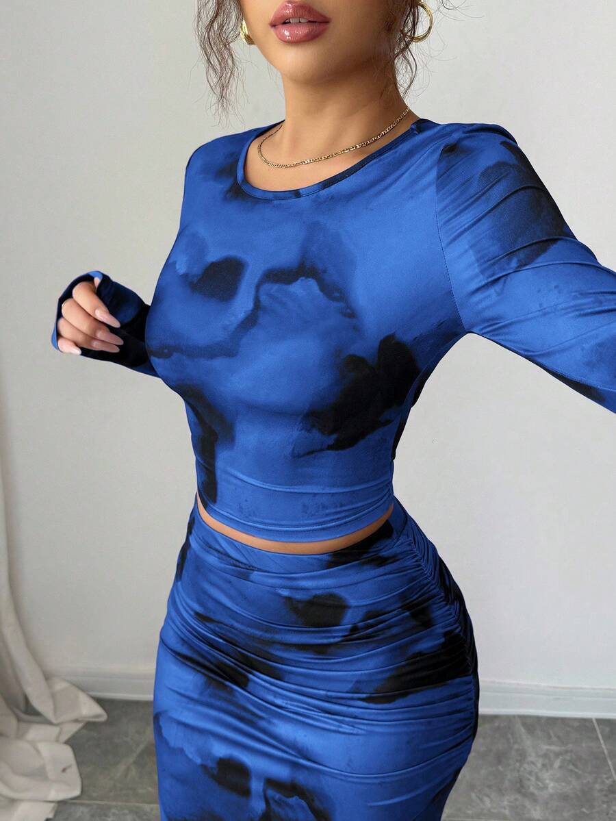 2piece set for women fashionable roundneck elegant slimfit irregular tiedye longsleeve Tshirt and skirt 240402