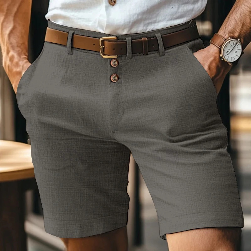 Summer Casual Shorts Men Vintage Buttoned Linen Breathable Knee Length Trousers Slim Fit Straight Male Fashion Solid Short Pants 260421