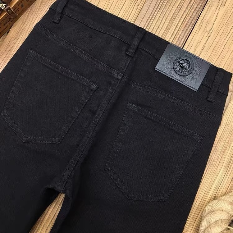 High End Black Men's Loose Jeans In Autumn And Spring, Fashionable Stretch Slim Fit Casual Luxurious Designer Pants, Loose Straight Leg Pants In 