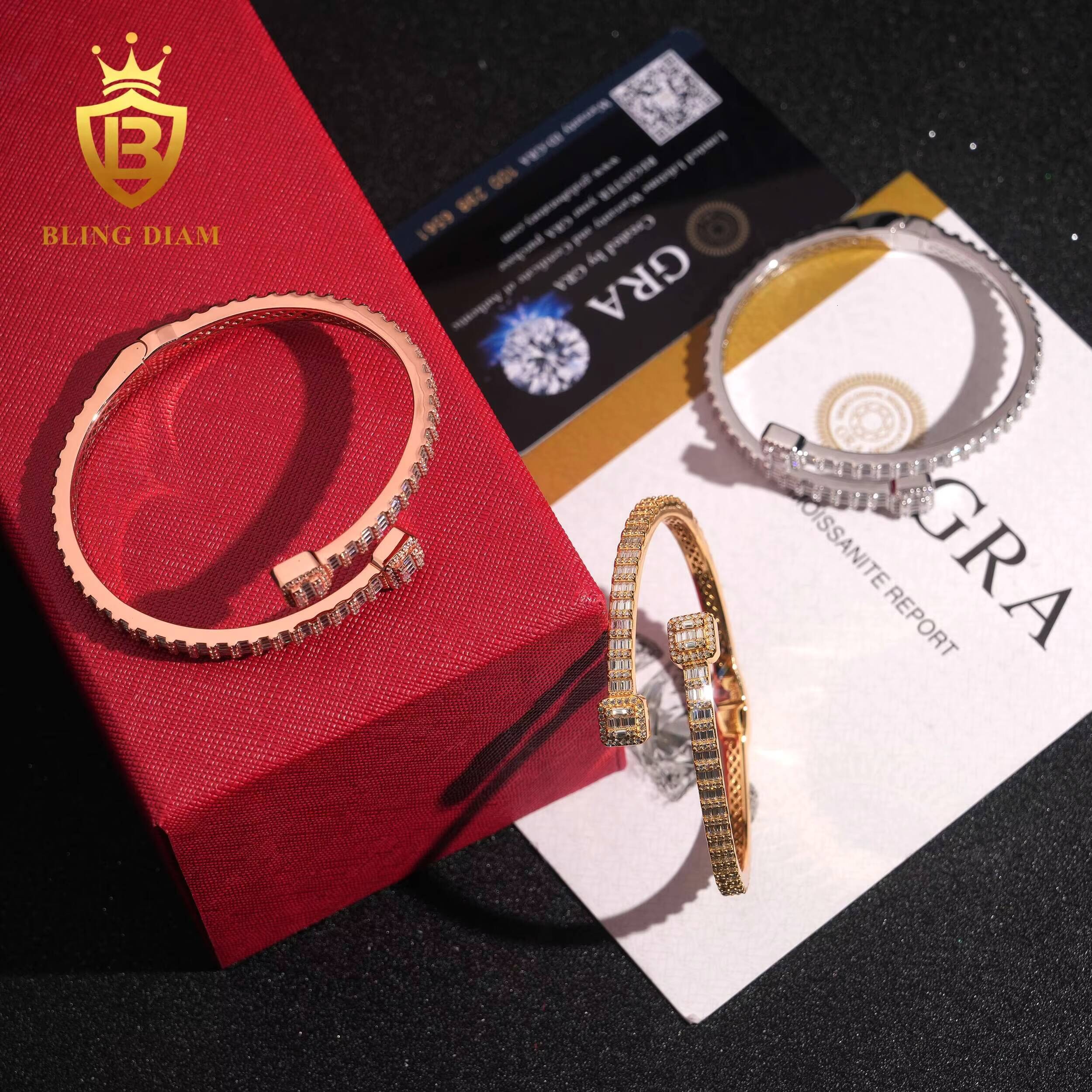 Pass Diamond Tester Fine Jewelry Square S925 Silver Gold Plated VVS Baguette Moissanite Diamond Bangle Bracelet Men Women