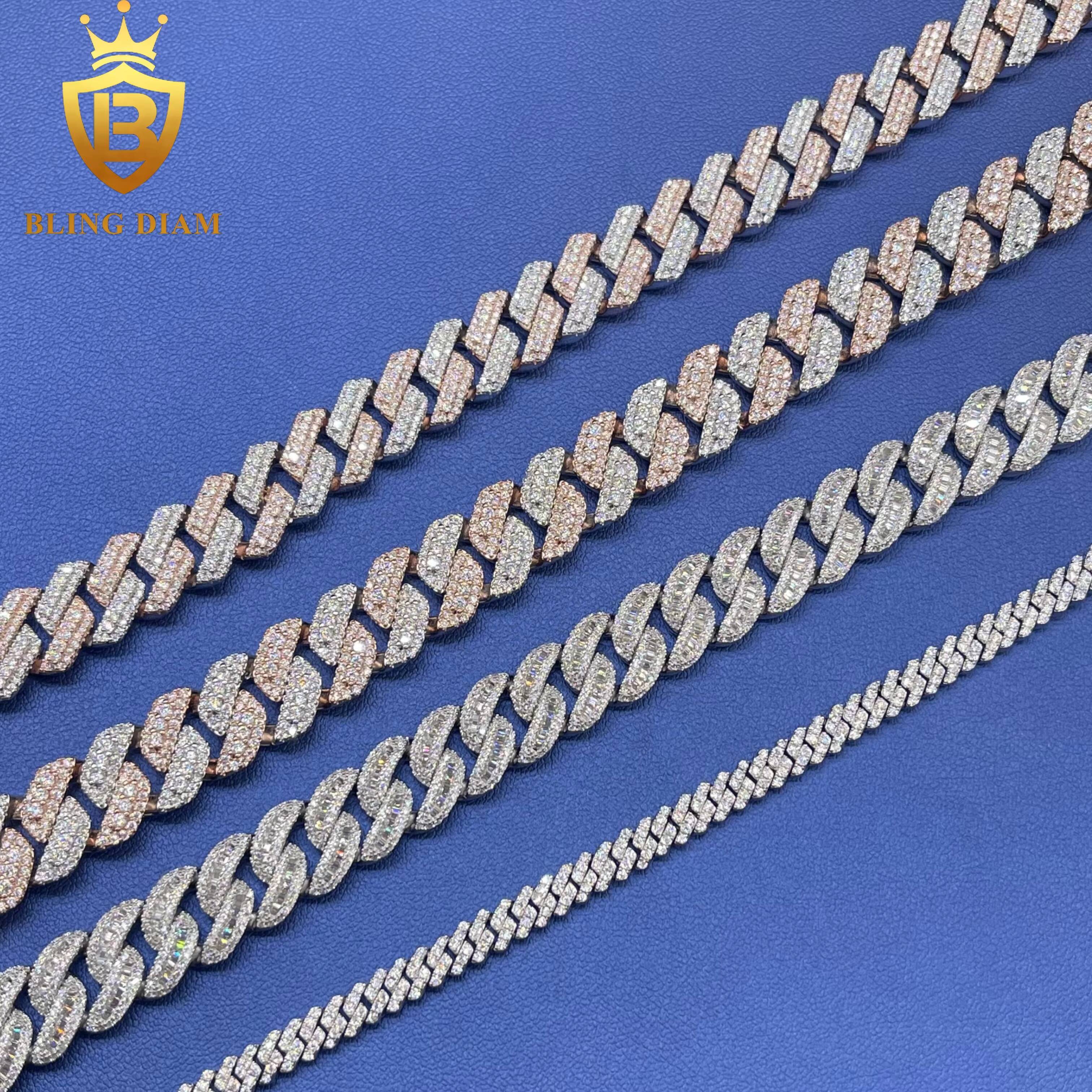Hip Hop Jewelry Iced Out Rose Gold Two Tone Color Miami Cuban Link Chain and Bracelet Set for Men Moissanite 925 Sterling Silver