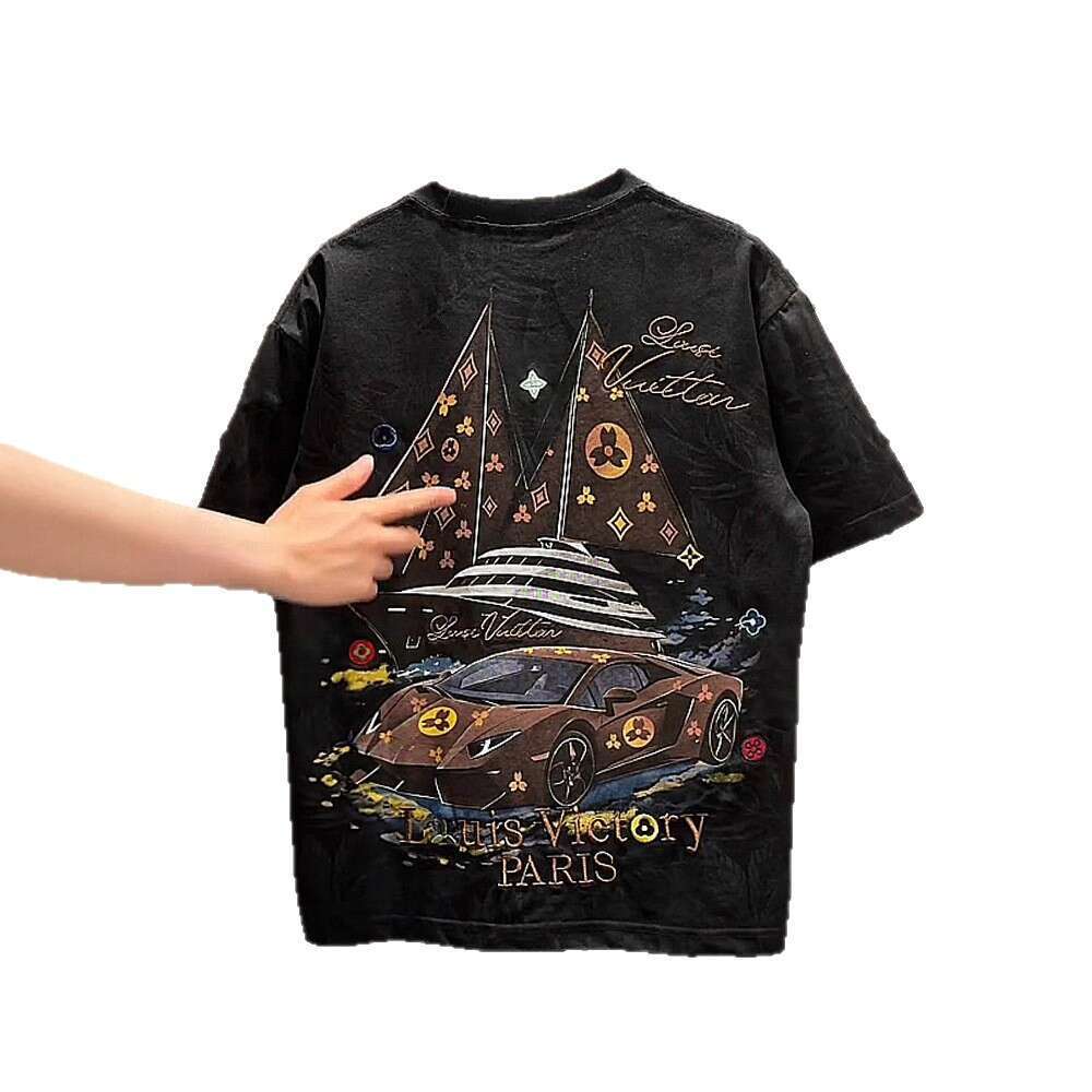 Mens Vintage Car And Sailboat Embroidered Short Sleeve T Shirt Washed Khaki Design Regular Fit Breathable Material For All Seasons And All Occasions