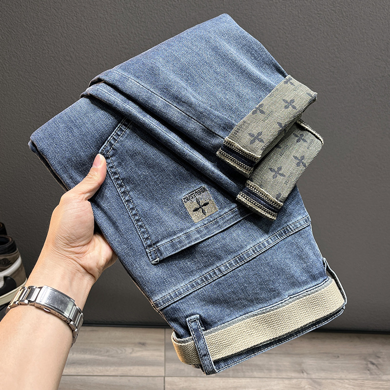High-end Luxury New Denim Loose Jeans In Blue Thin Fabric With Embroidery Stretchy Slim-fit Skinny Pants For Men Casual And Designer Versatile Trendy 