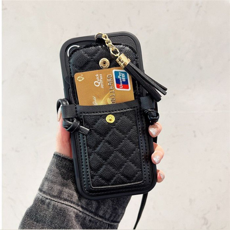 Premium Black Chanel Style Card Holder Compatible with iPhone 17 Pro Max Apple 13 Phone Case 11 Crossbody 12 Silicone 14