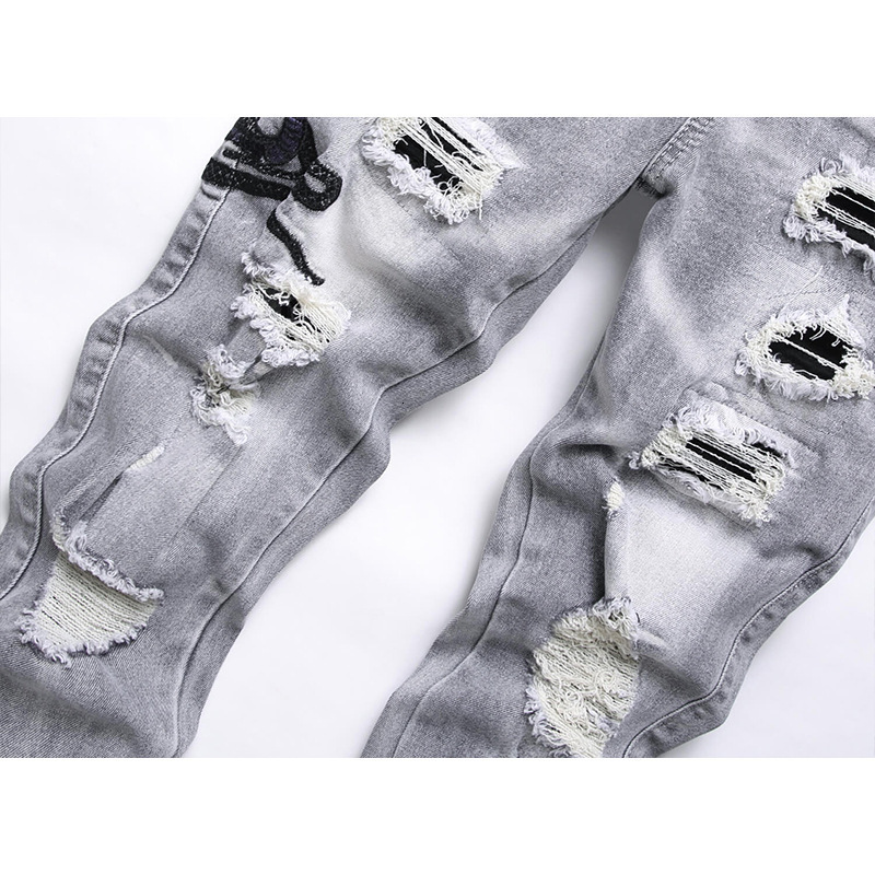 European Style Loose Men's Light Blue Distressed Designer Embroidered Jeans Luxury Men's Trendy Stretch Slim Fit American High Street Long P
